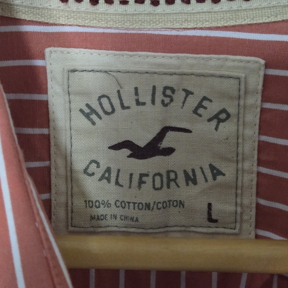 Hollister Cal. Men's Salmon Color 💯 Cotton Striped Button Up Long Sleeve Shirt - Picture 5 of 12